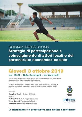 POR PUGLIA FESR –FSE 2014 -2020 – giovedì 3 ottobre alle ore 18,30 secondo incontro pubblico presso la sala Convegni Comunale